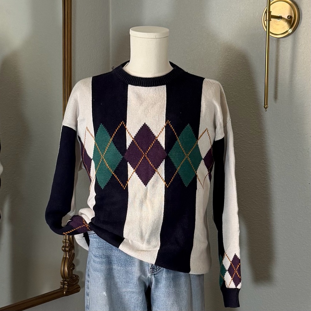 New River J Riggins Vintage Argyle Knit Sweater Cotton Ramie Preppy Academia